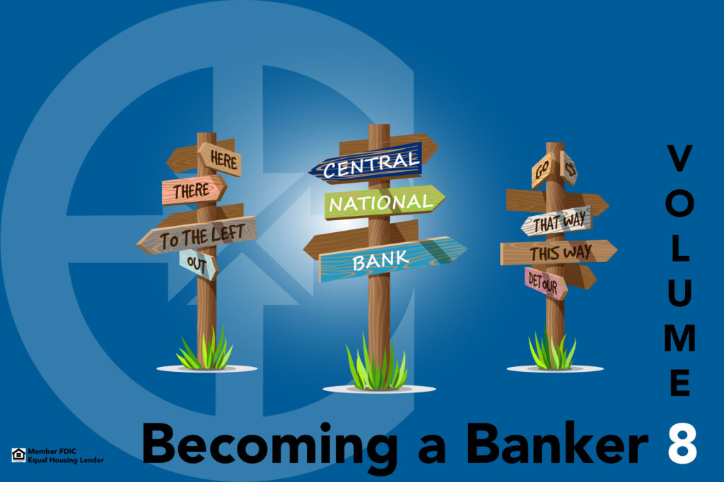 picture of several sign posts pointing directions to Central National Bank