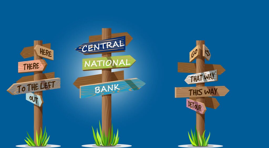 picture of several sign posts pointing directions to Central National Bank