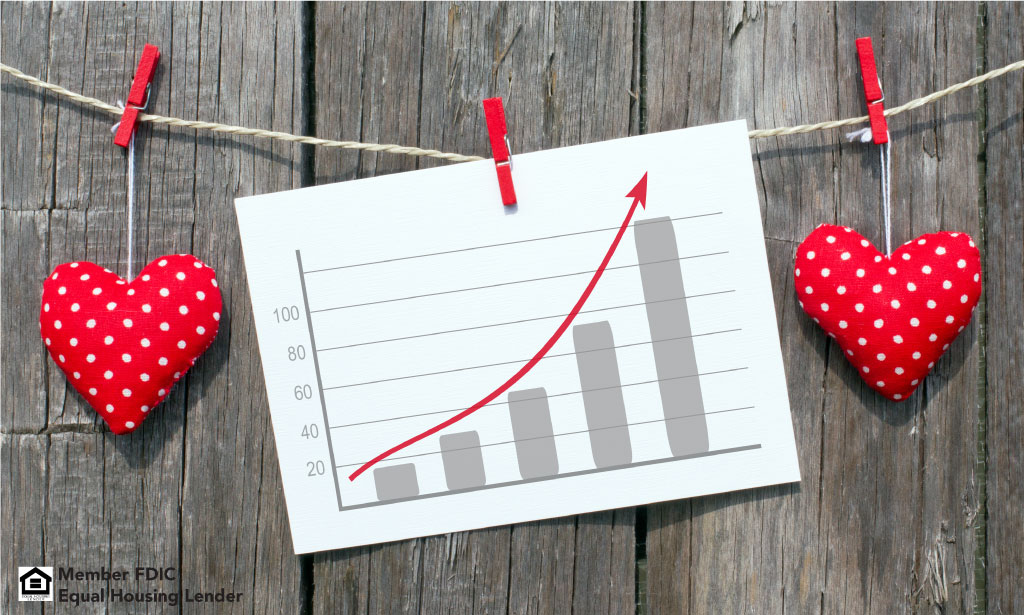 two red hearts clipped to a string. in between the hearts is a bar chart also clipped to the string. the bar chart has a red arrow curving upward above the bars signifying growth.