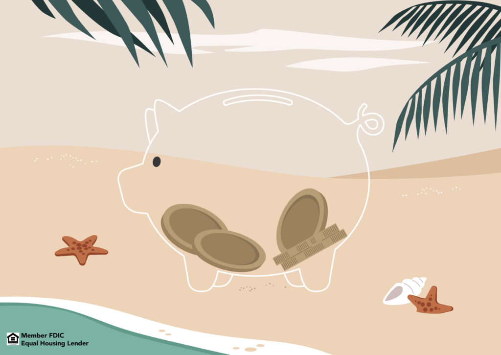 a beach scene with palm leaves and seashells. a transparent piggy bank standing on the sand with five coins inside.