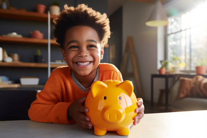 elementary aged kid holding a piggy bank and smiling