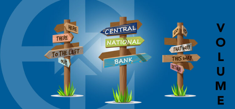 Becoming a Banker, Vol. 10 picture of several sign posts pointing directions to Central National Bank