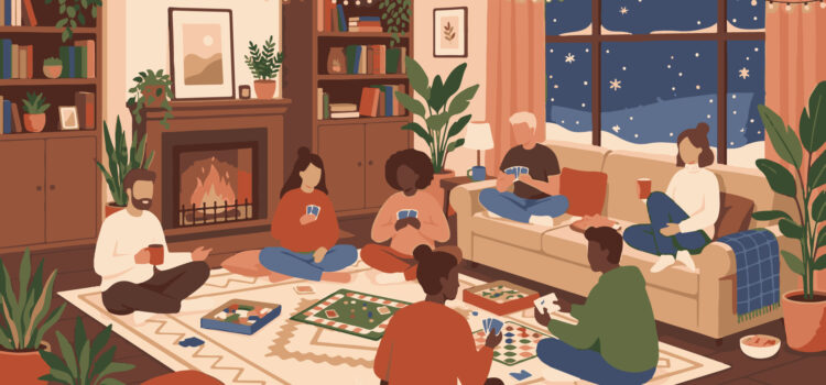 A group of people gathered in a home playing various card and board games. The fire is going and it is snowing outside.
