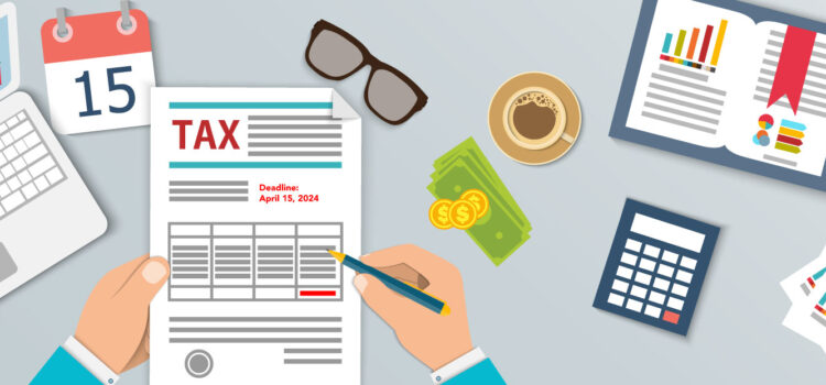 Tax Refund Investing by the Numbers A top-down view of a person's desk with tax return document, computer, calculator and office supplies. A calendar displays the number 15 as the tax return deadline.