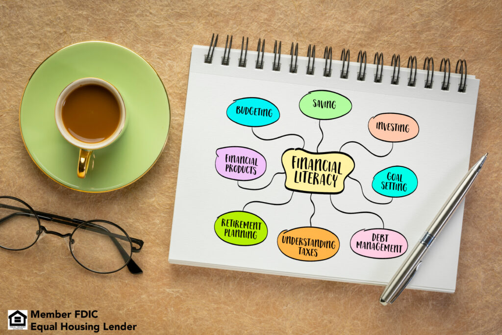 An image of a cup of coffee and glasses sitting on a desk. There is an open notebook next to those with an idea map drawn out. The central idea is Financial Literacy. The sub-topics that branch out from the center are: Saving, Investing, Goal Setting, Debt Management, Understanding Taxes, Retirement Planning, Financial Products, Budgeting.