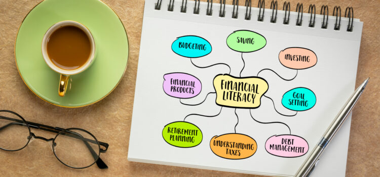 An image of a cup of coffee and glasses sitting on a desk. There is an open notebook next to those with an idea map drawn out. The central idea is Financial Literacy. The sub-topics that branch out from the center are: Saving, Investing, Goal Setting, Debt Management, Understanding Taxes, Retirement Planning, Financial Products, Budgeting.